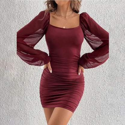 Vierkante Kraag Jurk met Mesh Plooien Elegante Zomerjurk
