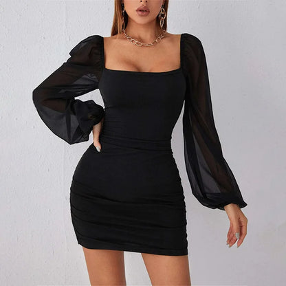 Vierkante Kraag Jurk met Mesh Plooien Elegante Zomerjurk