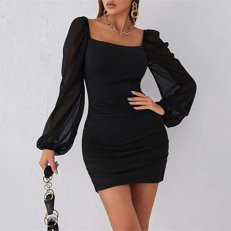 Vierkante Kraag Jurk met Mesh Plooien Elegante Zomerjurk
