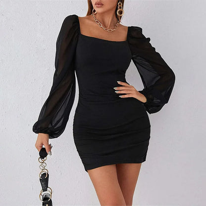 Vierkante Kraag Jurk met Mesh Plooien Elegante Zomerjurk