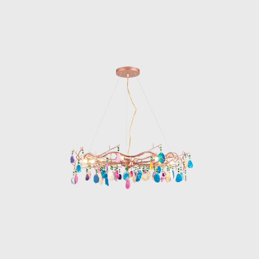 Agaatlamp Kroonluchter met Natuursteen en Roségouden Frame – Klassieke Villa Verlichting