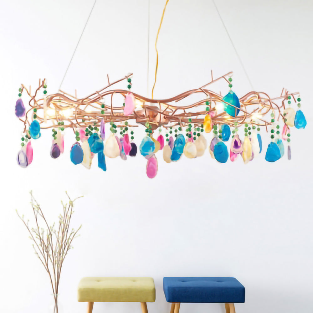 Agaatlamp Kroonluchter met Natuursteen en Roségouden Frame – Klassieke Villa Verlichting