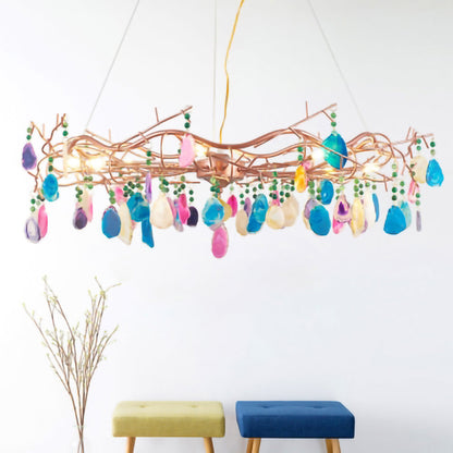 Agaatlamp Kroonluchter met Natuursteen en Roségouden Frame – Klassieke Villa Verlichting