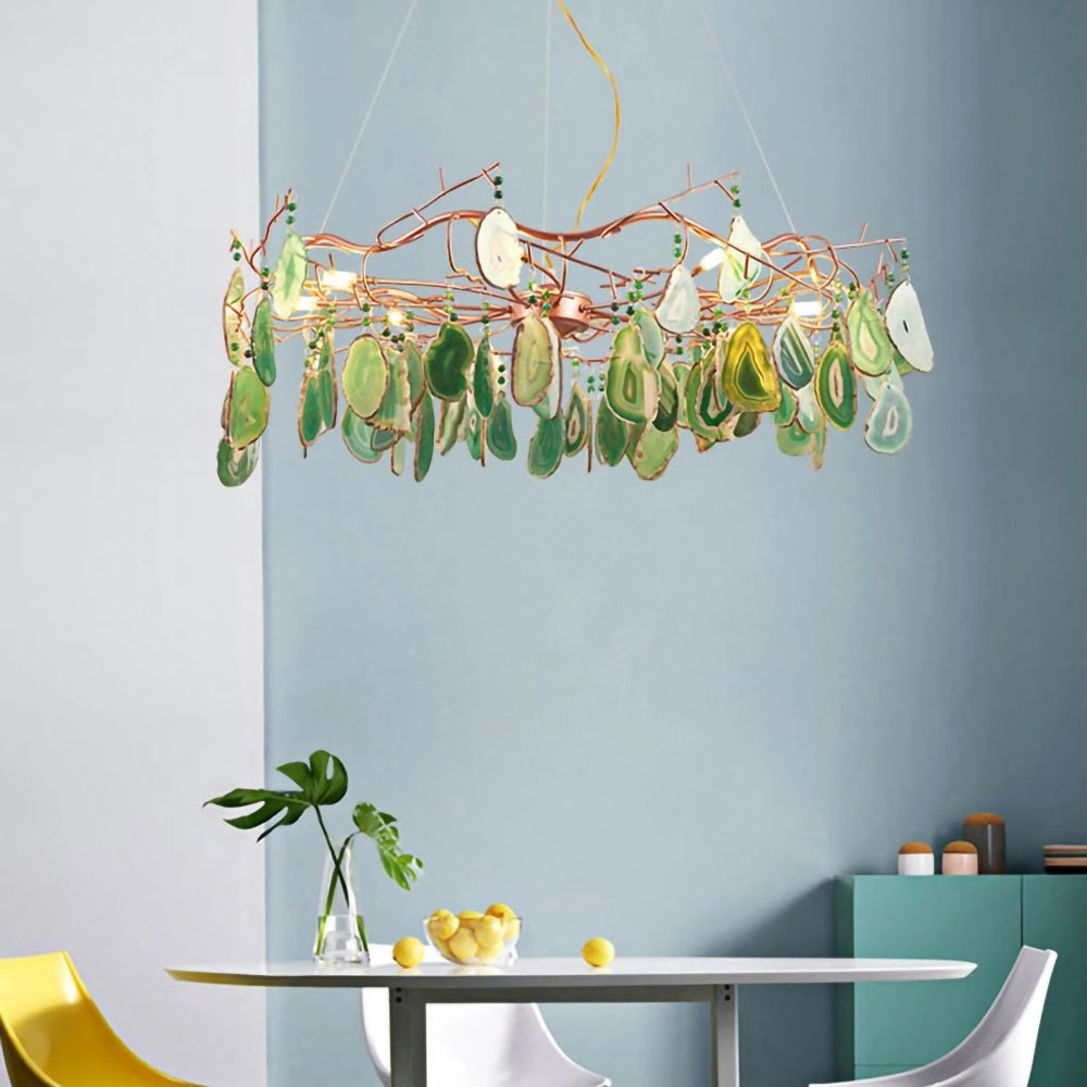 Agaatlamp Kroonluchter met Natuursteen en Roségouden Frame – Klassieke Villa Verlichting