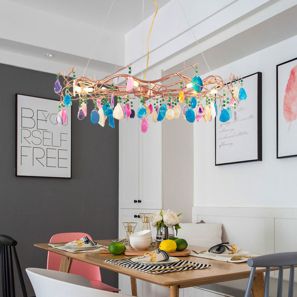Agaatlamp Kroonluchter met Natuursteen en Roségouden Frame – Klassieke Villa Verlichting