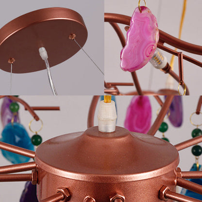 Agaatlamp Kroonluchter met Natuursteen en Roségouden Frame – Klassieke Villa Verlichting