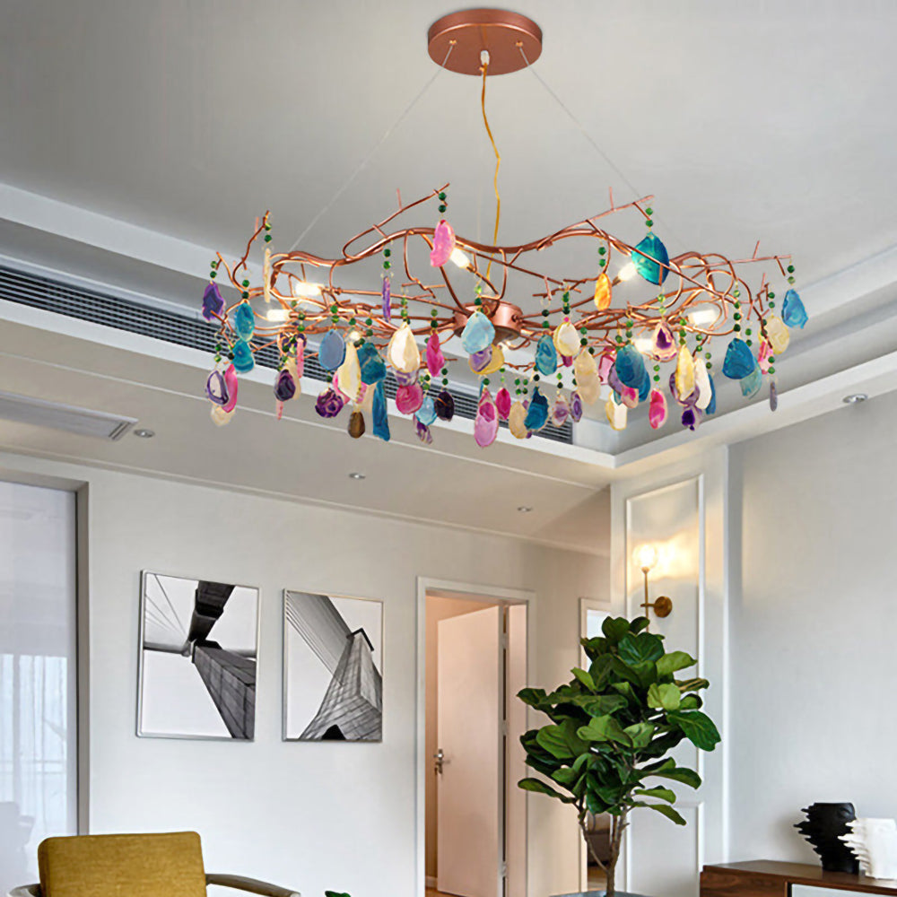 Agaatlamp Kroonluchter met Natuursteen en Roségouden Frame – Klassieke Villa Verlichting