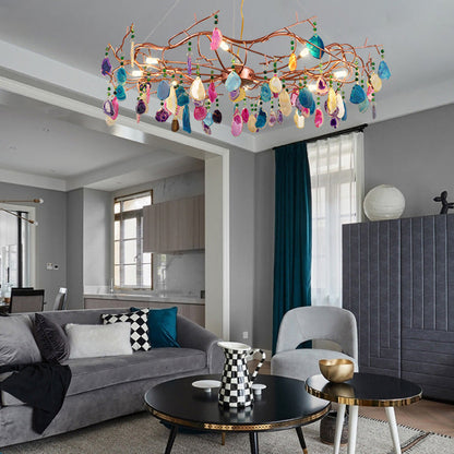 Agaatlamp Kroonluchter met Natuursteen en Roségouden Frame – Klassieke Villa Verlichting