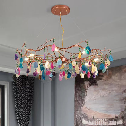 Agaatlamp Kroonluchter met Natuursteen en Roségouden Frame – Klassieke Villa Verlichting