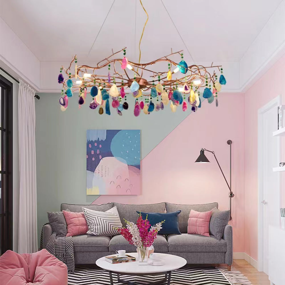 Agaatlamp Kroonluchter met Natuursteen en Roségouden Frame – Klassieke Villa Verlichting