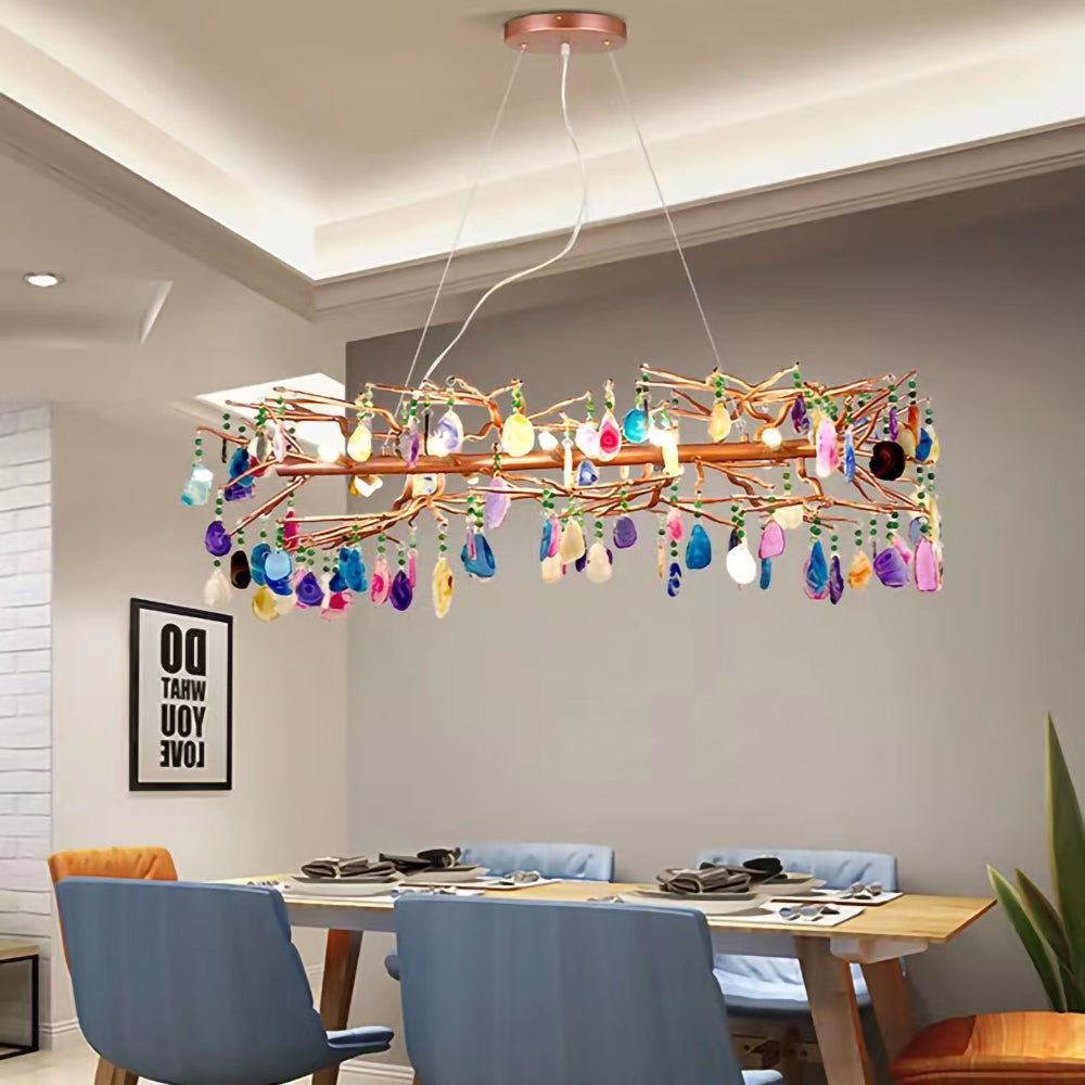 Agaatlamp Kroonluchter met Natuursteen en Roségouden Frame – Klassieke Villa Verlichting