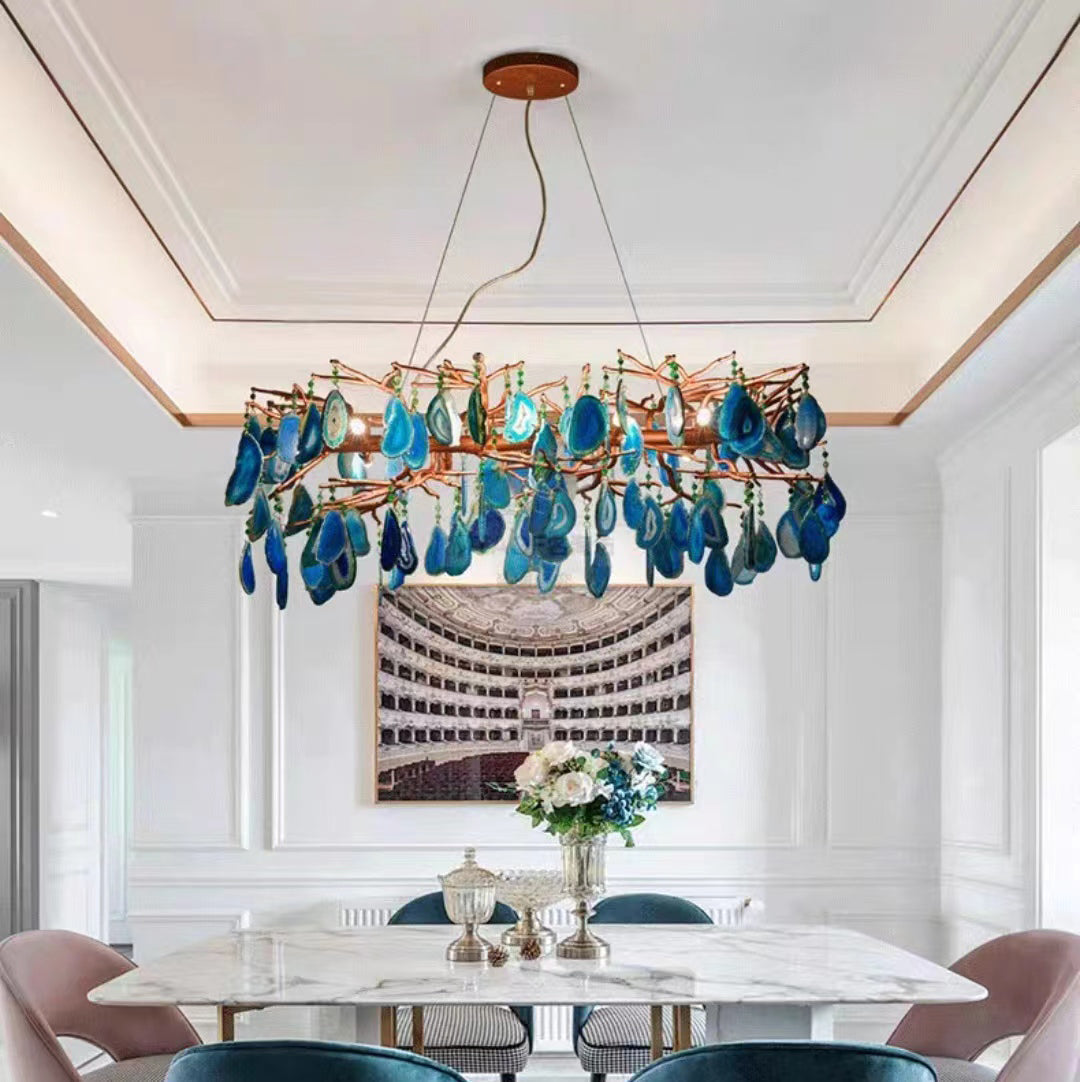 Agaatlamp Kroonluchter met Natuursteen en Roségouden Frame – Klassieke Villa Verlichting