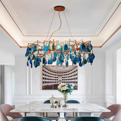Agaatlamp Kroonluchter met Natuursteen en Roségouden Frame – Klassieke Villa Verlichting