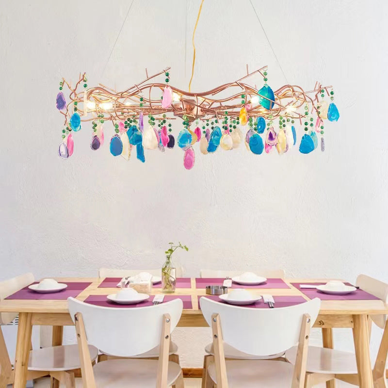 Agaatlamp Kroonluchter met Natuursteen en Roségouden Frame – Klassieke Villa Verlichting