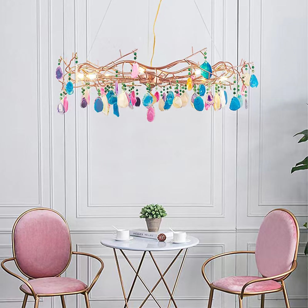 Agaatlamp Kroonluchter met Natuursteen en Roségouden Frame – Klassieke Villa Verlichting