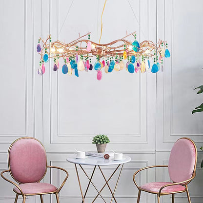 Agaatlamp Kroonluchter met Natuursteen en Roségouden Frame – Klassieke Villa Verlichting