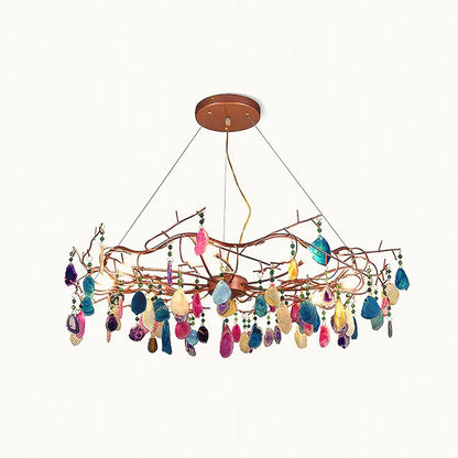 Agaatlamp Kroonluchter met Natuursteen en Roségouden Frame – Klassieke Villa Verlichting