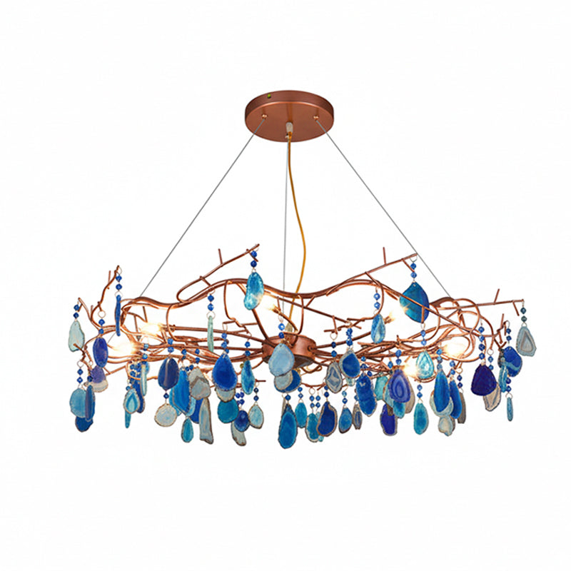 Agaatlamp Kroonluchter met Natuursteen en Roségouden Frame – Klassieke Villa Verlichting