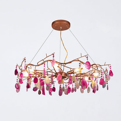 Agaatlamp Kroonluchter met Natuursteen en Roségouden Frame – Klassieke Villa Verlichting