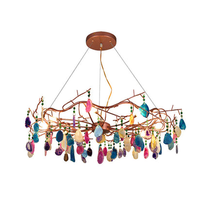Agaatlamp Kroonluchter met Natuursteen en Roségouden Frame – Klassieke Villa Verlichting