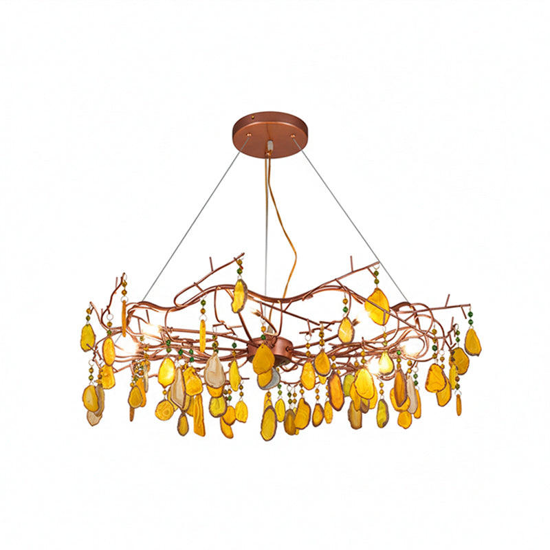 Agaatlamp Kroonluchter met Natuursteen en Roségouden Frame – Klassieke Villa Verlichting
