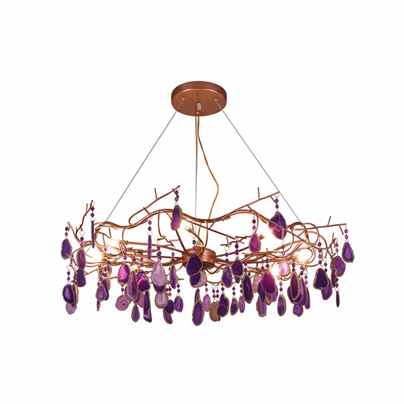 Agaatlamp Kroonluchter met Natuursteen en Roségouden Frame – Klassieke Villa Verlichting