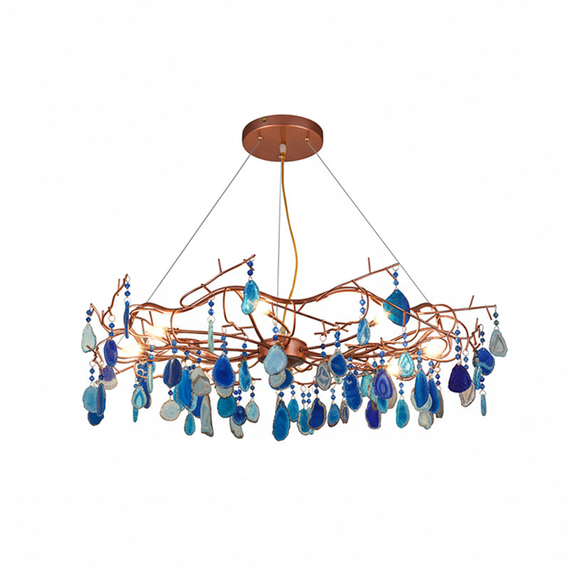 Agaatlamp Kroonluchter met Natuursteen en Roségouden Frame – Klassieke Villa Verlichting