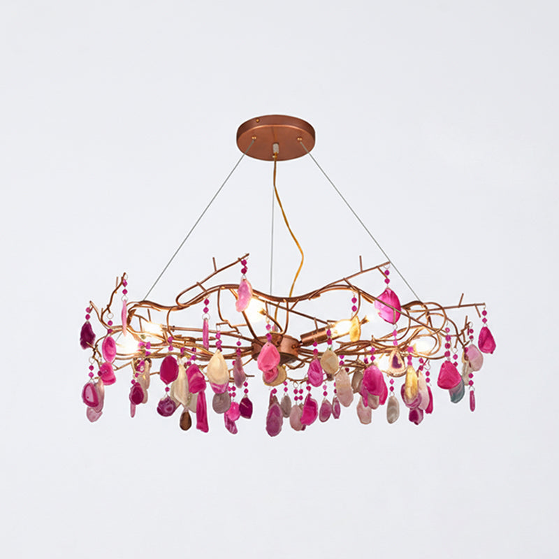 Agaatlamp Kroonluchter met Natuursteen en Roségouden Frame – Klassieke Villa Verlichting