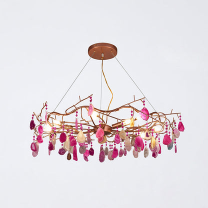 Agaatlamp Kroonluchter met Natuursteen en Roségouden Frame – Klassieke Villa Verlichting