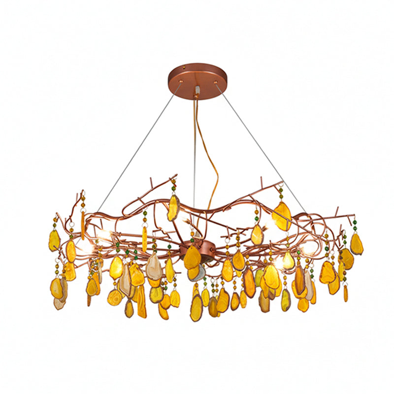 Agaatlamp Kroonluchter met Natuursteen en Roségouden Frame – Klassieke Villa Verlichting
