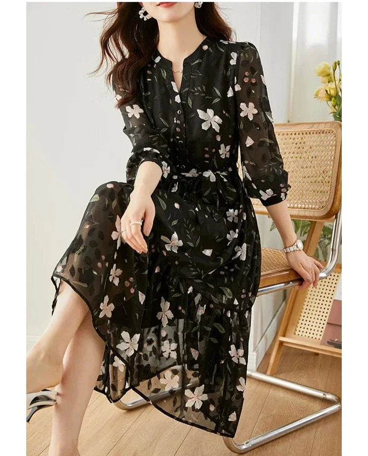 Vrouwenjurk Bloemenprint Chiffon Zomerjurk