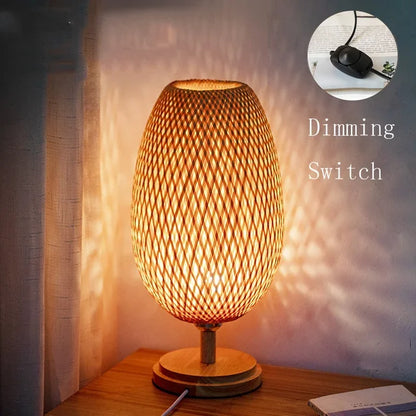Rustieke Bamboe Tafellamp met Handgemaakte Houten Voet – Vintage Sfeerverlichting voor Woonkamer, Slaapkamer en Bureau