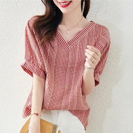 Vrouwen Blouse Geruit met Pofmouwen Retro Stijl - StudioMarella
