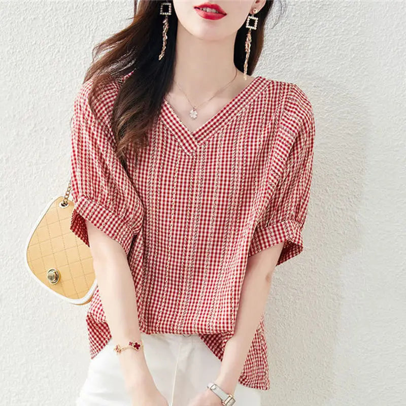Vrouwen Blouse Geruit met Pofmouwen Retro Stijl