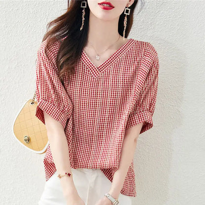 Vrouwen Blouse Geruit met Pofmouwen Retro Stijl