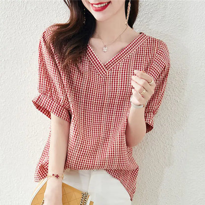 Vrouwen Blouse Geruit met Pofmouwen Retro Stijl