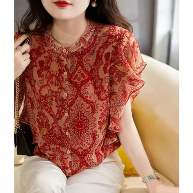 Vrouwelijke Zomer Blouse met Ruches en Chiffon Stof - StudioMarella