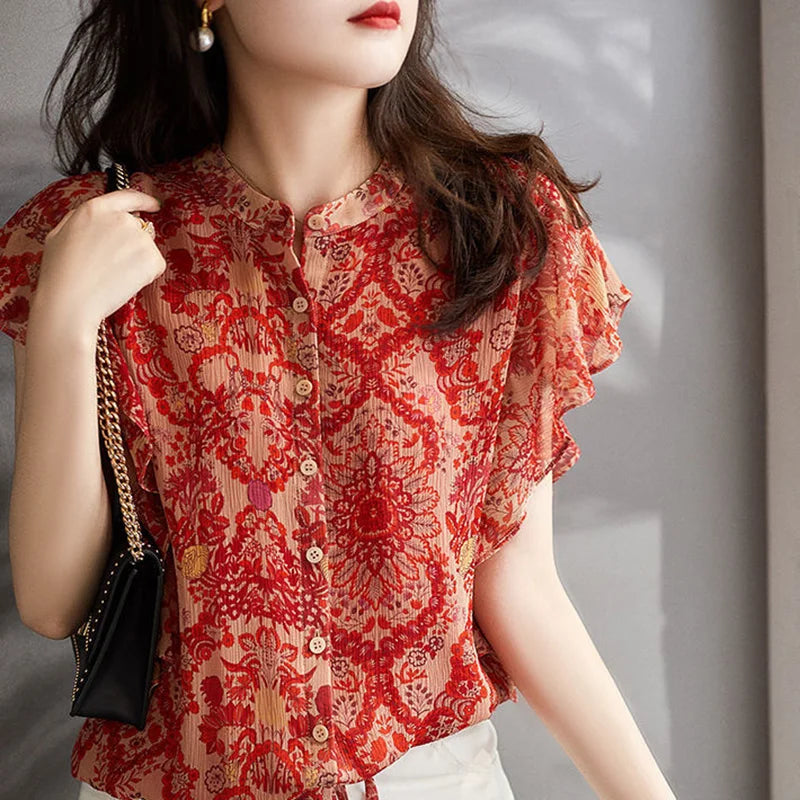Vrouwelijke Zomer Blouse met Ruches en Chiffon Stof