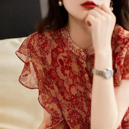 Vrouwelijke Zomer Blouse met Ruches en Chiffon Stof