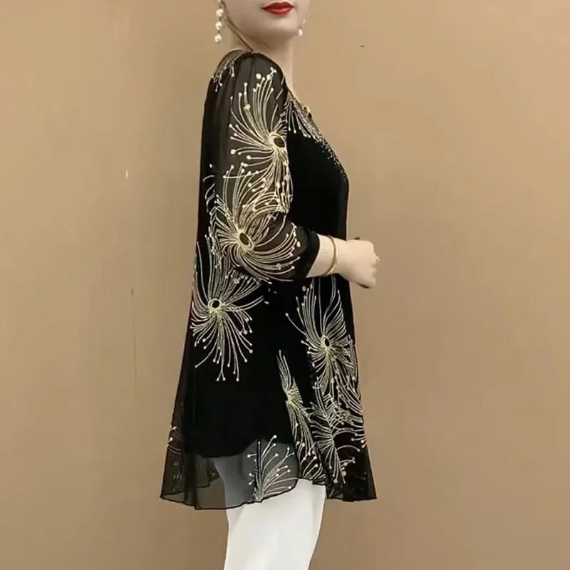 Vrouwelijke Blouse Mesh Stof Retro Stijl