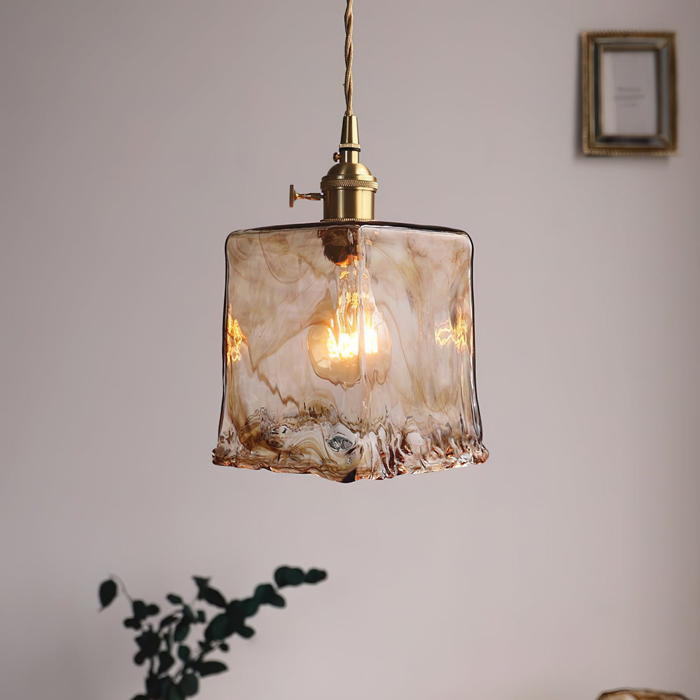 Vintage Hanglamp Messing & Amber Glas – Retro Verlichting Eetkamer Keukeneiland Bar Restaurant – E26/E27 Max 40W