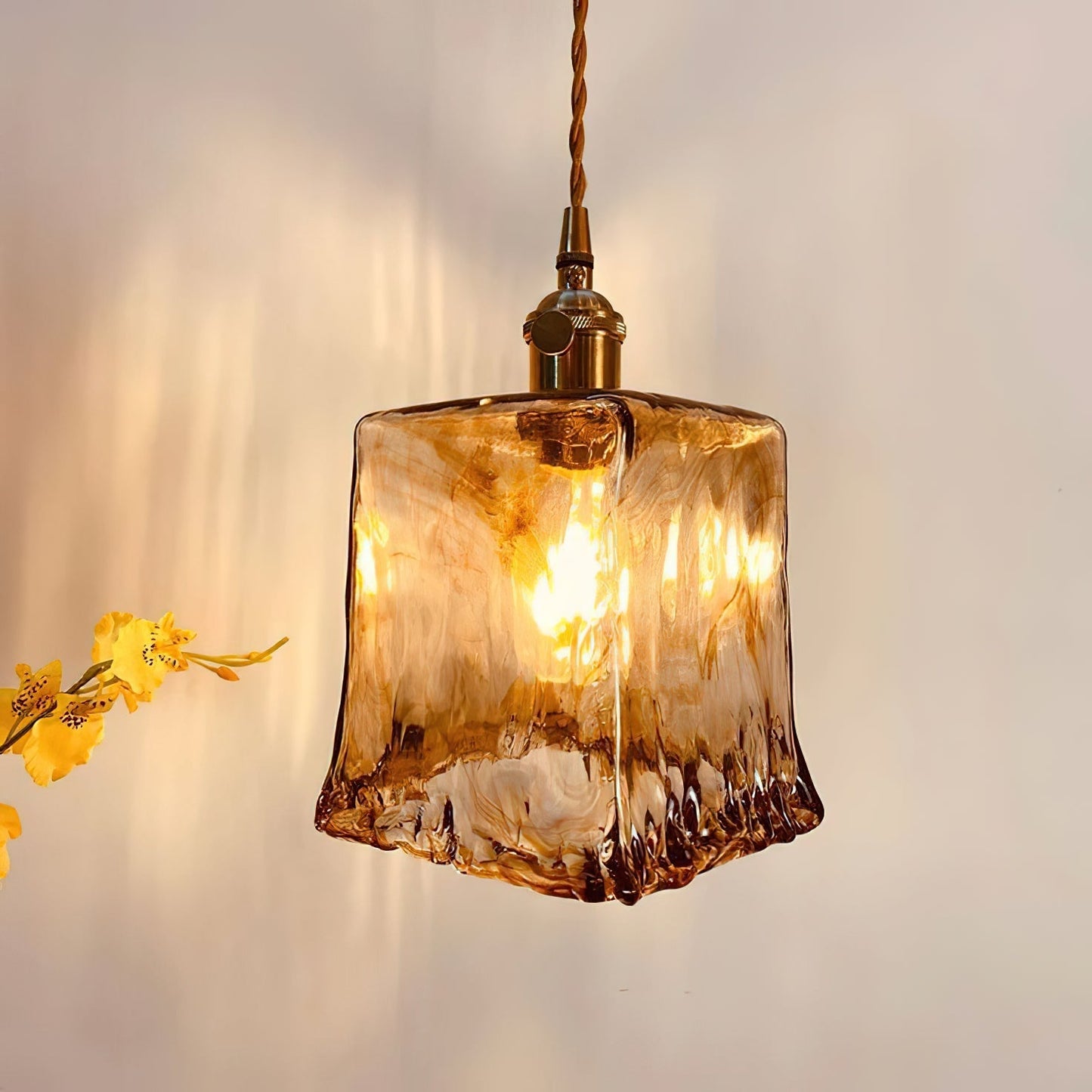 Vintage Hanglamp Messing & Amber Glas – Retro Verlichting Eetkamer Keukeneiland Bar Restaurant – E26/E27 Max 40W