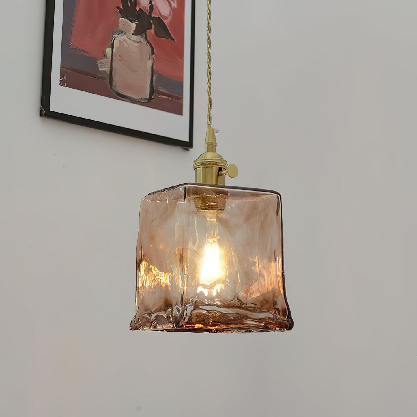 Vintage Hanglamp Messing & Amber Glas – Retro Verlichting Eetkamer Keukeneiland Bar Restaurant – E26/E27 Max 40W