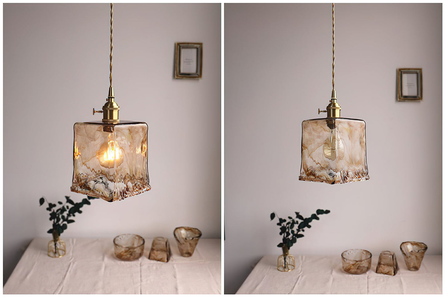 Vintage Hanglamp Messing & Amber Glas – Retro Verlichting Eetkamer Keukeneiland Bar Restaurant – E26/E27 Max 40W
