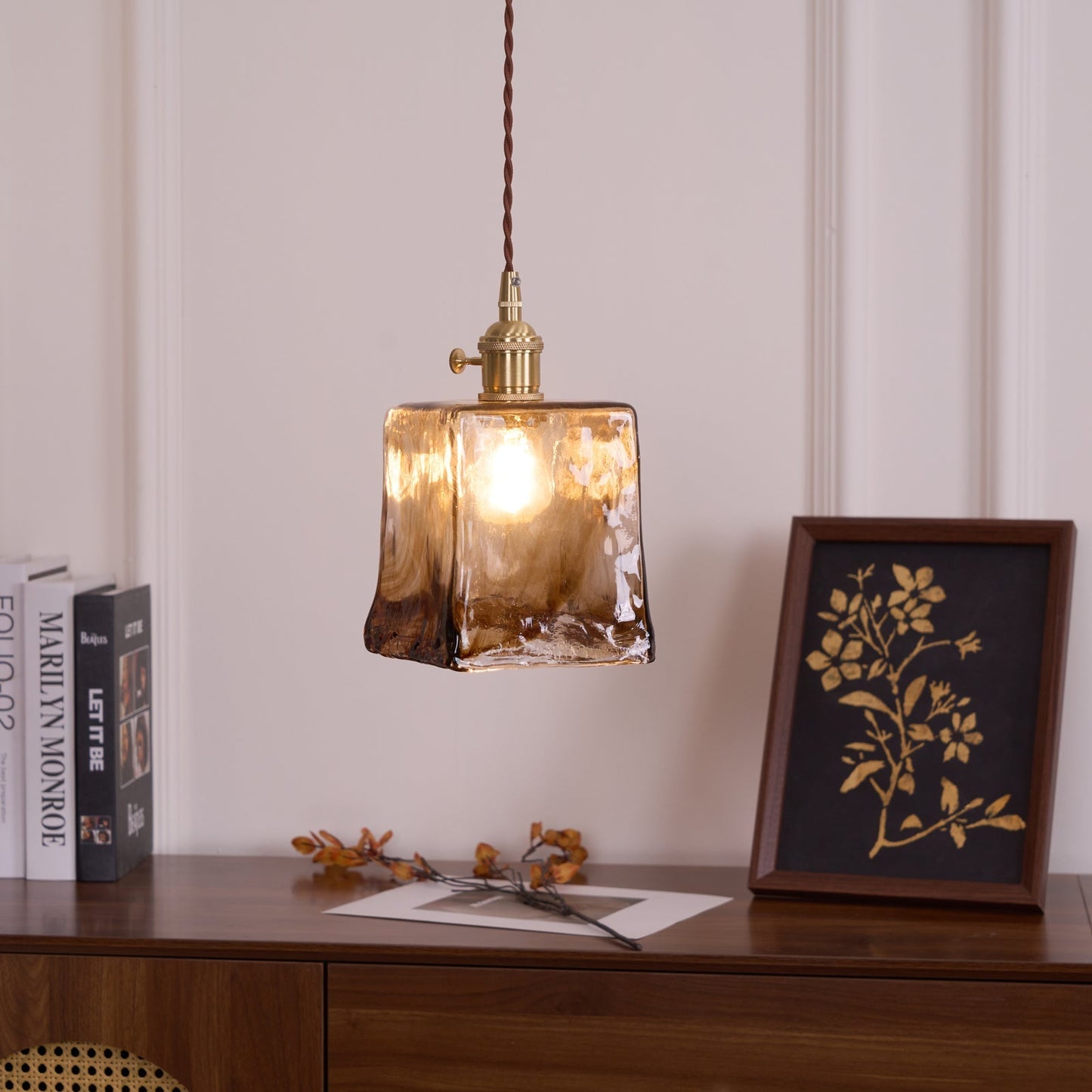 Vintage Hanglamp Messing & Amber Glas – Retro Verlichting Eetkamer Keukeneiland Bar Restaurant – E26/E27 Max 40W