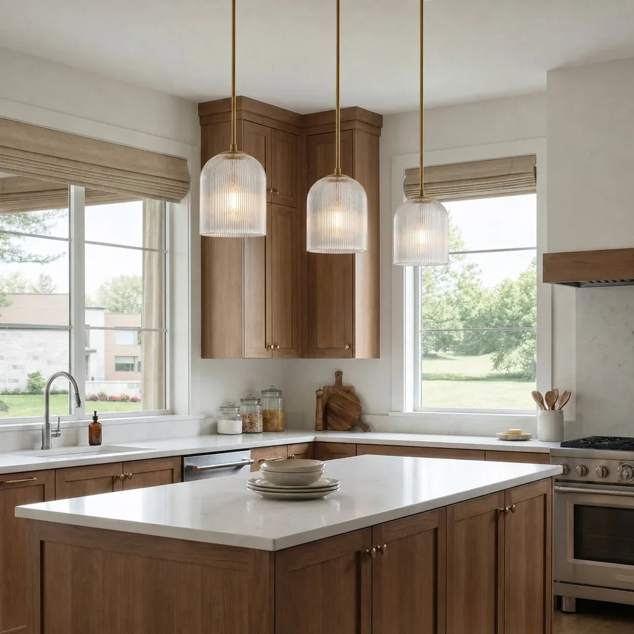 Geribbelde Glazen Hanglamp met Koperen Finish – Landelijke Stijl Verlichting