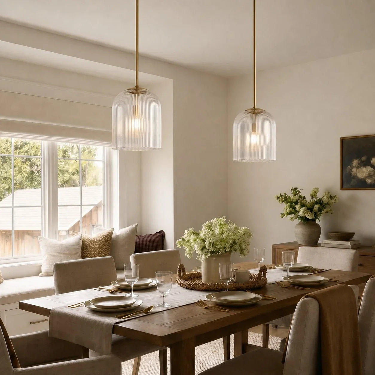 Geribbelde Glazen Hanglamp met Koperen Finish – Landelijke Stijl Verlichting