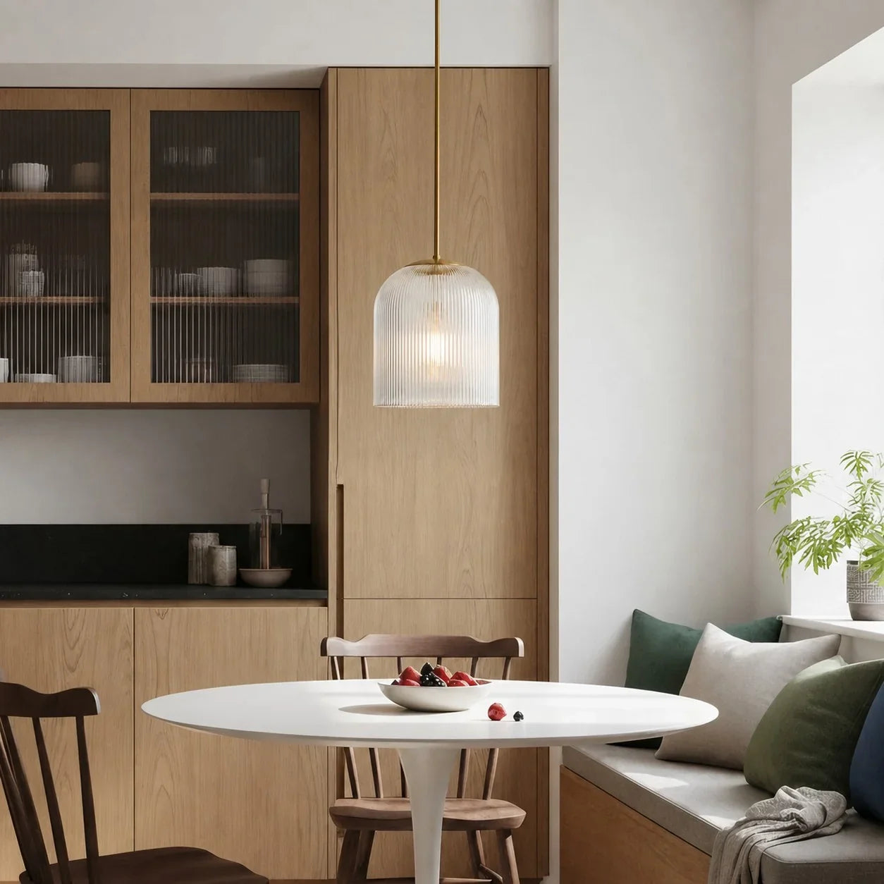 Geribbelde Glazen Hanglamp met Koperen Finish – Landelijke Stijl Verlichting