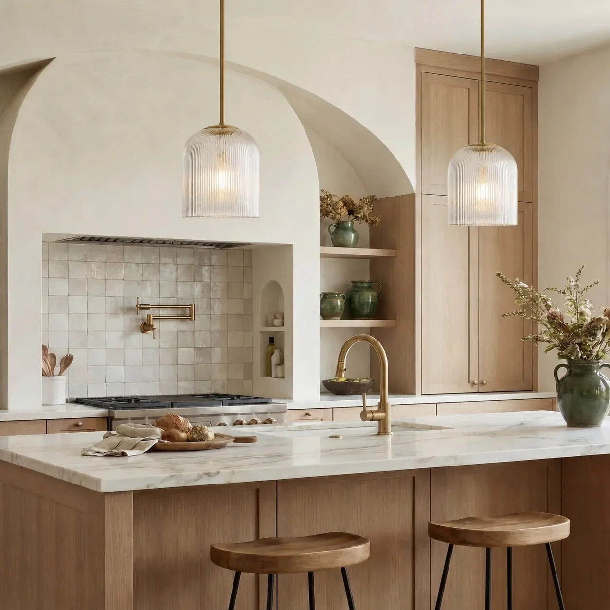 Geribbelde Glazen Hanglamp met Koperen Finish – Landelijke Stijl Verlichting