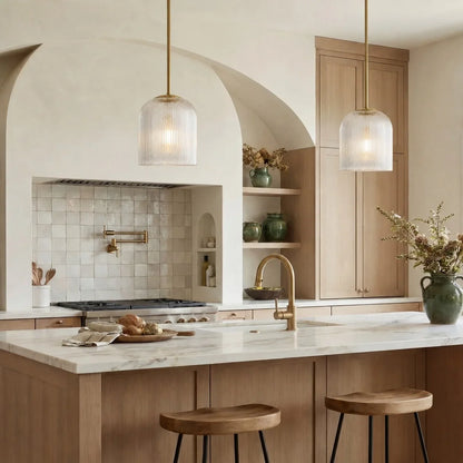 Geribbelde Glazen Hanglamp met Koperen Finish – Landelijke Stijl Verlichting